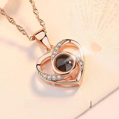 Серебряное ожерелье S925 с проекцией персикового сердца «Я люблю тебя» на 100 языках