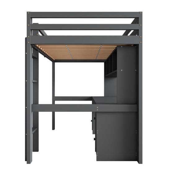 90x200cm Loft Bed, Children Bed, Bed Above, Table Below, Large Storage Space, High Railing, Stable Stairs,