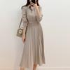 Spring Autumn Women Midi Pleated Dress Turn-Down Collar Apricot Khaki Buttons Belt Shirt Dress Elegant Office Lady Chic Dress
