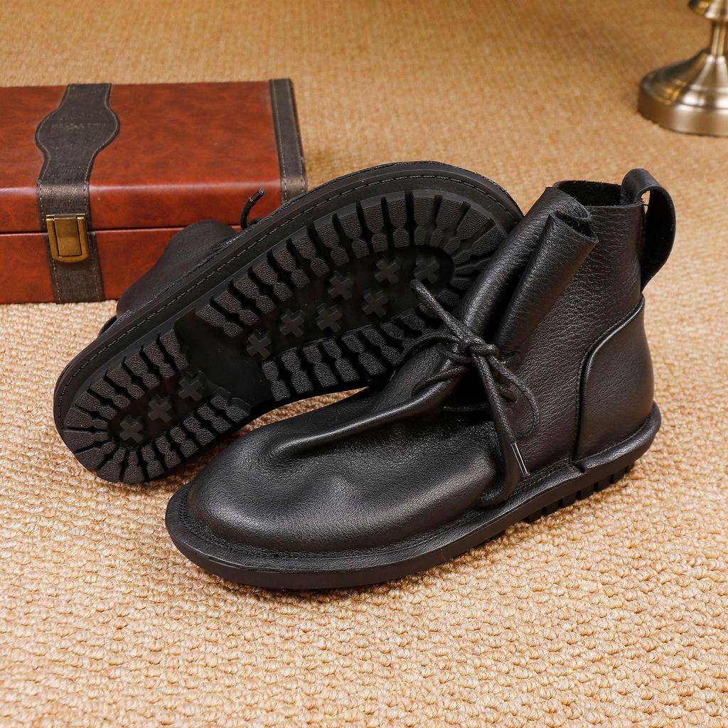 2025 Women's Retro Slouch Boots - High-End Cowhide, Soft Sole, Flat Heel Casual Short Boots