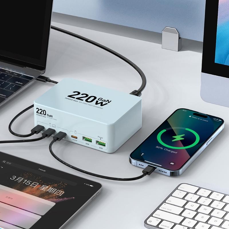 Multi Port Fast Charging Station 220W Power Adapter with Type C & USB Port Allows 6 Devices Simultaneously Charging