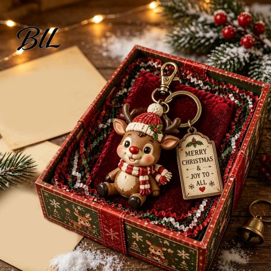 Holiday Gift for Co-workers Christmas Keychain with Box, Cute Santa Claus Snowman Highland Cow Winter Keepsake Reindeer Bag Charm, Keyring Pendant,