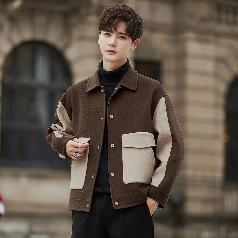 Контрастное шерстяное пальто, короткая осенне-зимняя утолщенная кашемировая двусторонняя шерстяная куртка, мужской топ