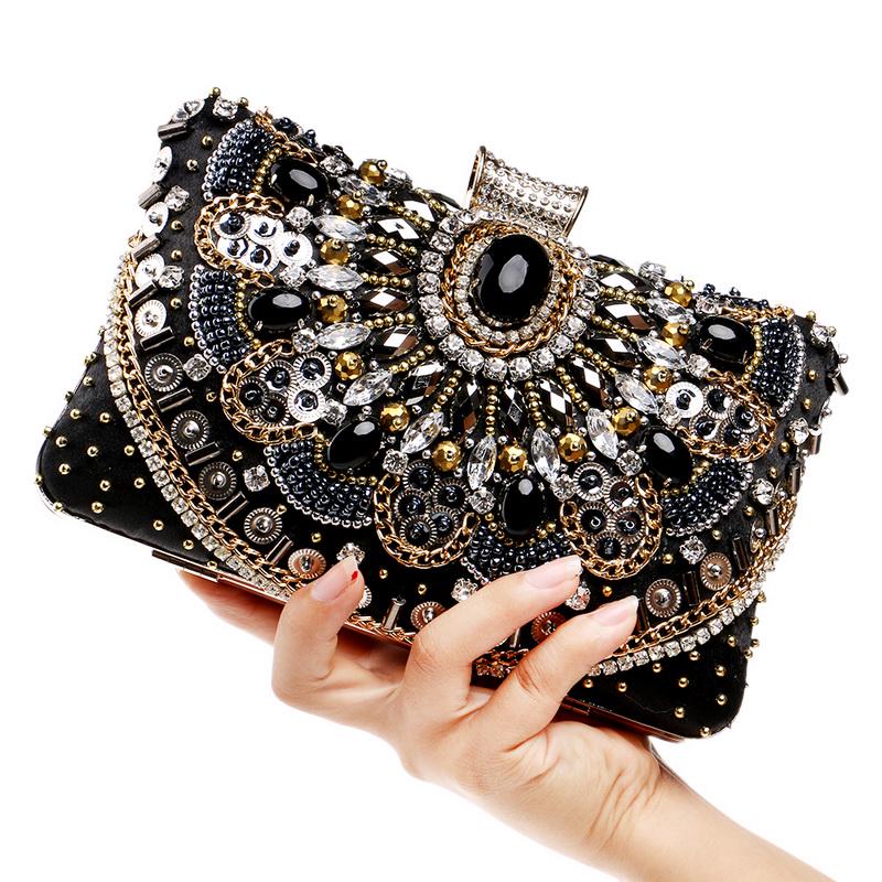 Beaded Clutch Purse Evening Bags Wedding Party Handbag Metal Chain Shoulder Bags CLE