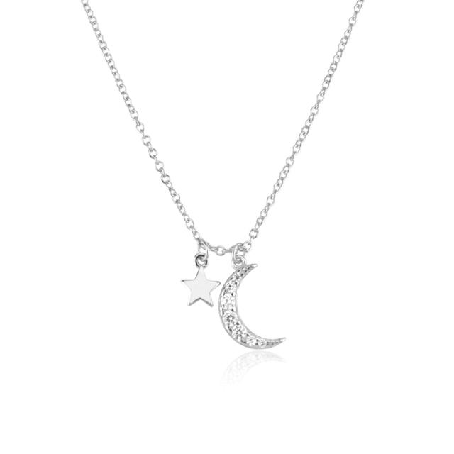 925 Sterling Silver Gold Zircon CZ Moon Star Pendant Charm Long Chain Necklace Women Wedding Jewelry Crystal Luxury