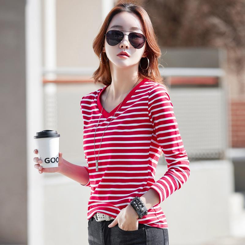 Women's Long-sleeved V-neck T-shirt Loose Large Size Casual Long-sleeved Striped Long-sleeved Shirt