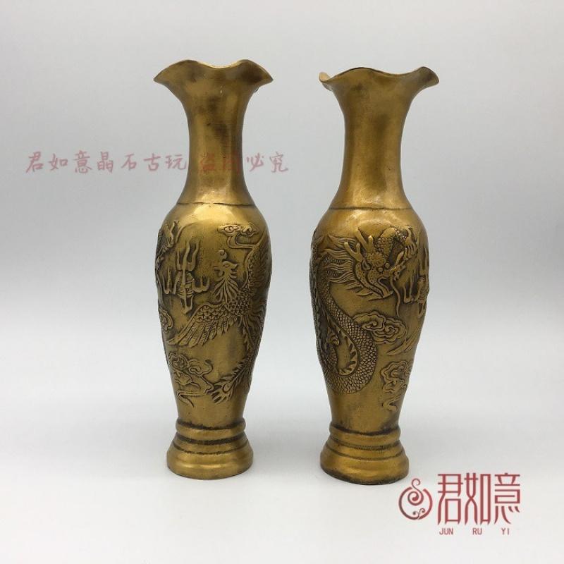 Пара старинных дворцовых ваз Латунь Дракон и Феникс Благоприятный тотем Медная бутылка Орнамент для мебели Подарок