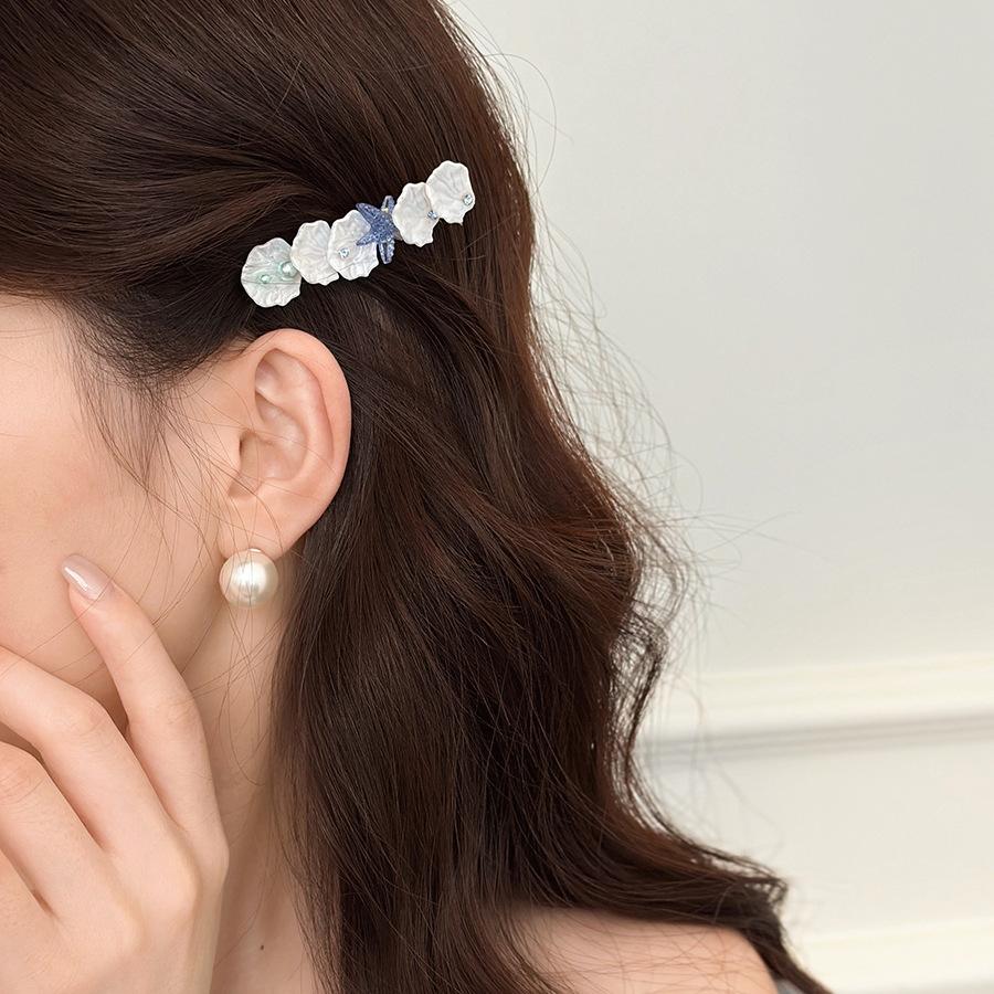 Asymmetrical Shell Starfish Pearl Hairpin Fresh Seaside Vacation Style Duck Bill Clip Fashionable Versatile Hair Accessories Women