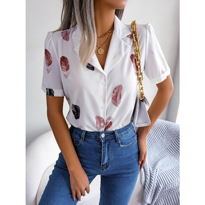 VEZFAA Женская мода повседневная летняя весна перо принт короткий рукав воротник поло блузки и рубашки