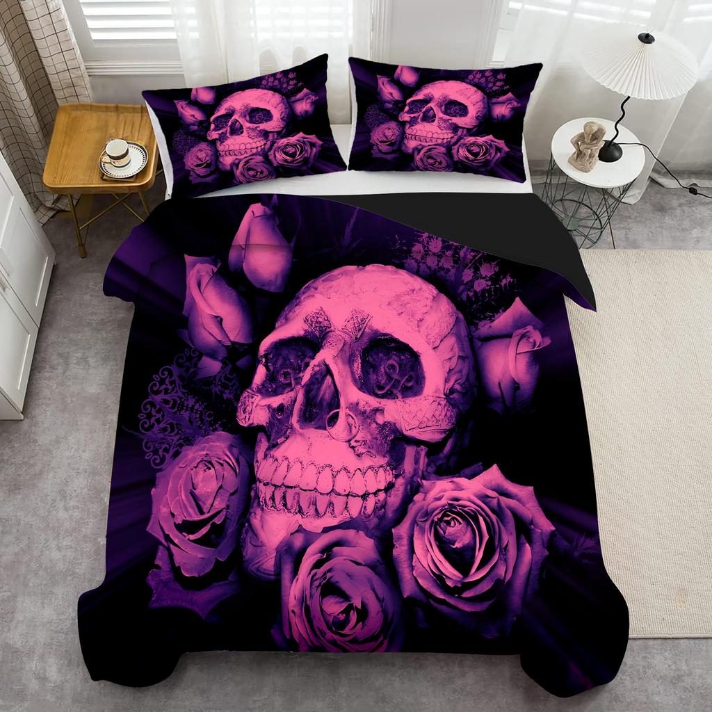 Violet Rose Golden Skull Pattern 3D Print Duvet Cover Halloween Gothic Style Bedding Set With Pillowcase Polyester Quilt Cover