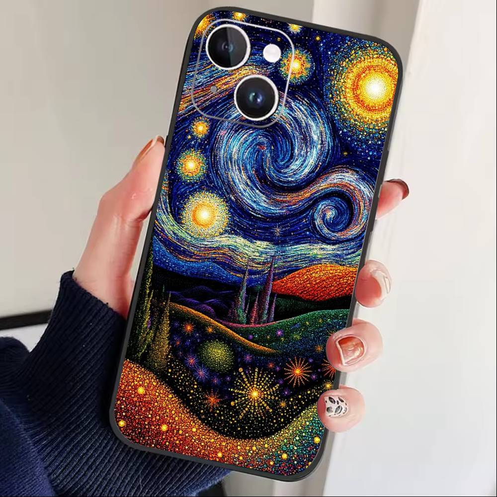 Причудливый пейзаж Звездная ночь Чехол для телефона Для iPhone 17, 16, 15, 14, 13, 12 Plus, Max Мягкий силиконовый Черный чехол