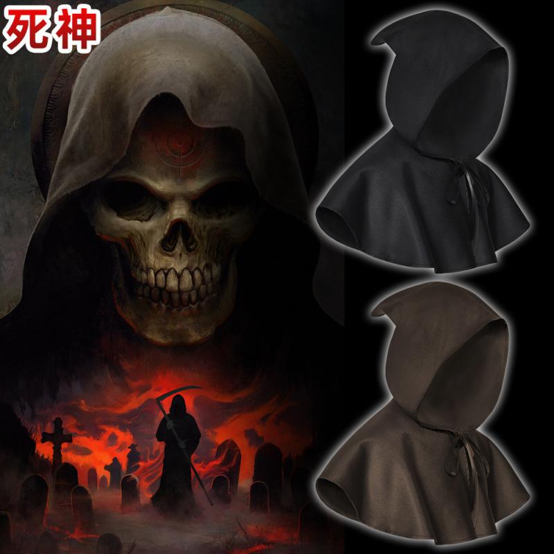 Halloween Grim Reaper Cape, Medieval Adult Demon Short Hooded Cloak Costume, Unisex Wizard Ghost Outfit