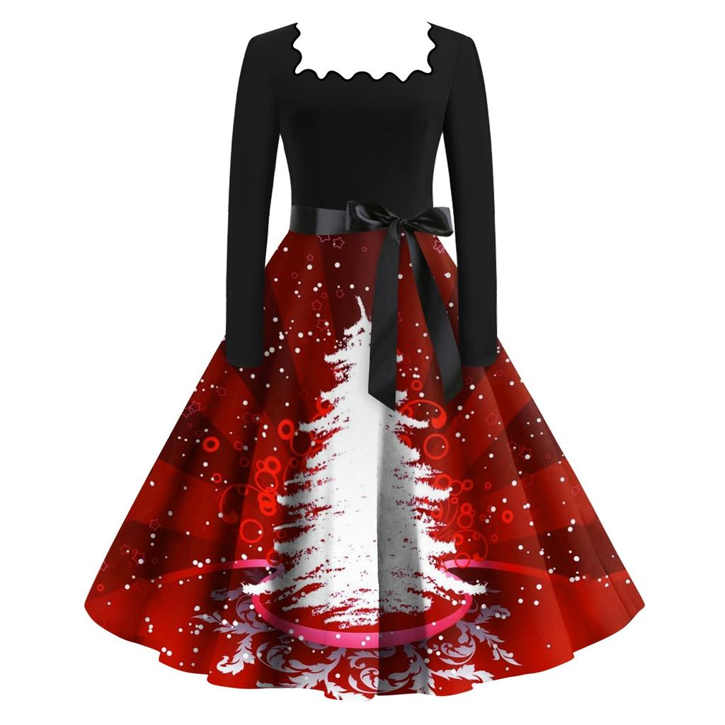 Женские повседневные модные платья с длинными рукавами и рождественским принтом с квадратным вырезом в винтажном стиле