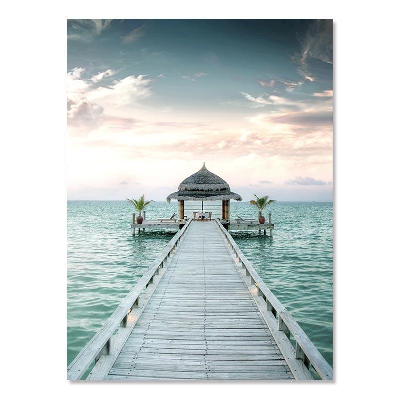 Пляж, море, океан, пейзаж, настенное искусство, холст, постер, мост, листья, черепаха, чайка, принт, живопись, летняя картина, скандинавский домашний декор