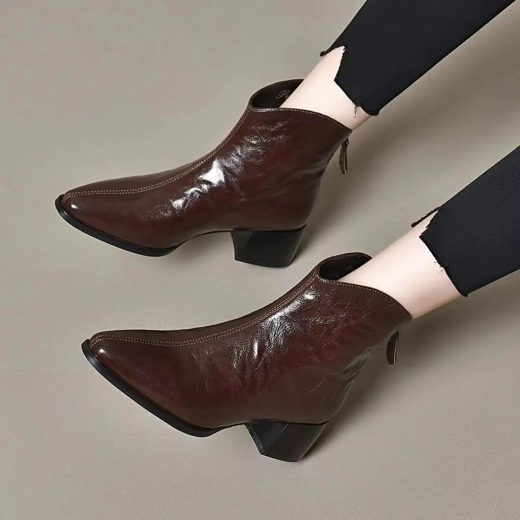 Female Short Shoes Leather Booties Fashion 2024 Pointed Toe Women's Ankle Boots Y2k Designer Luxury Footwear Sale On Promotion