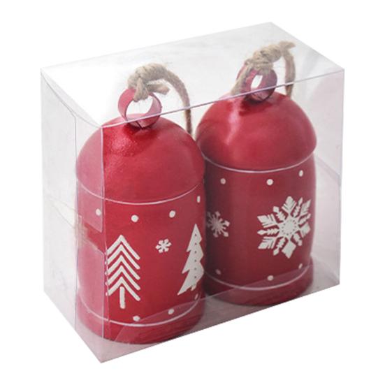2 Pcs Red Christmas Bells Ornament Vintage Rustic Hanging Bell with Snowflake Reindeer Tree Pattern Handmade Lucky Bell for Home Tree Decor