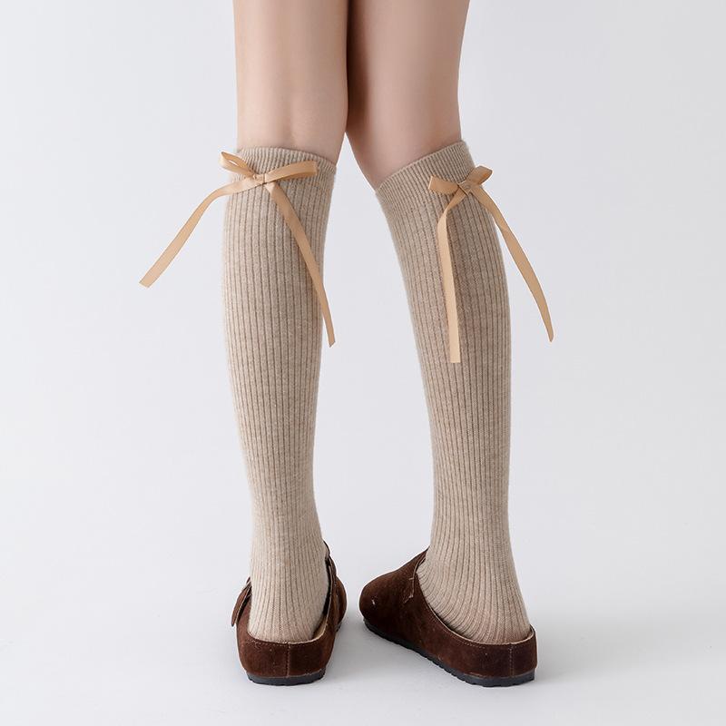Осенне-зимние кашемировые носки до икр, женские с лентами-бантами, теплые утолщенные до колена, для стройности в сочетании с ботинками, универсальные чулки до бедра