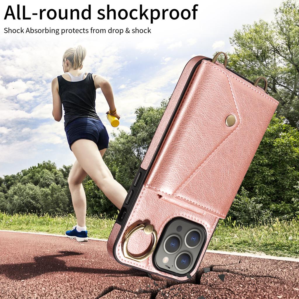 Для iPhone 15 серии. Для iPhone 15, 15 Plus, 15 Pro, 15 Pro Max плечевой ремень веревка кольцо кронштейн дизайн держатель для карт слоты личи узор чехол для телефона