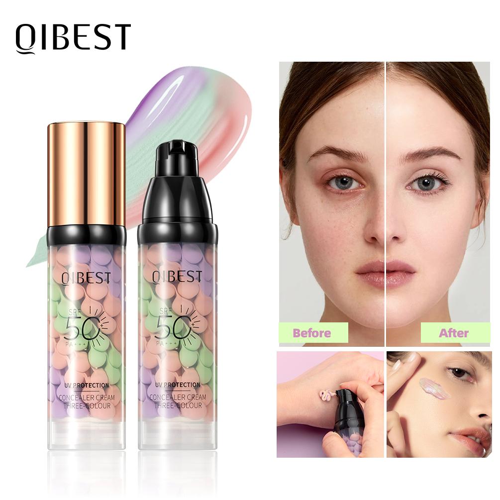 QIBEST Трехцветный праймер для макияжа лица, осветляющий, контурирующий, изолирующий, водостойкая база под макияж, натуральный крем-основа