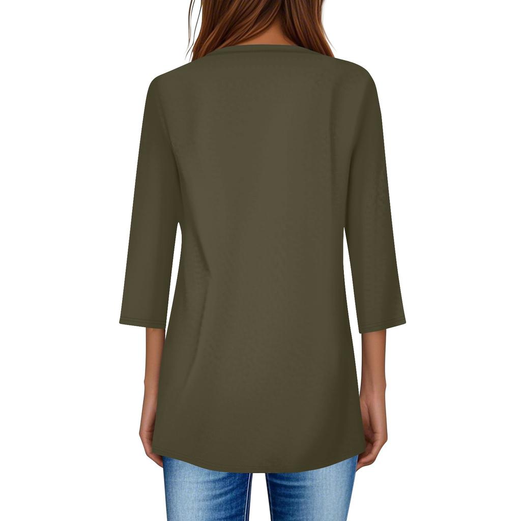 3/4 Sleeve Pocket Tops For Women T-Shirt Casual Print Mid-length Tops T Shirt Round Neck Pullover Blouse