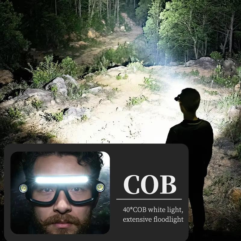 Перезаряжаемый налобный фонарь-очки COB, двойной источник света, водонепроницаемость IPX4, управление одной кнопкой для ночной рыбалки, езды на велосипеде, работы, обслуживания и ремонта автомобиля
