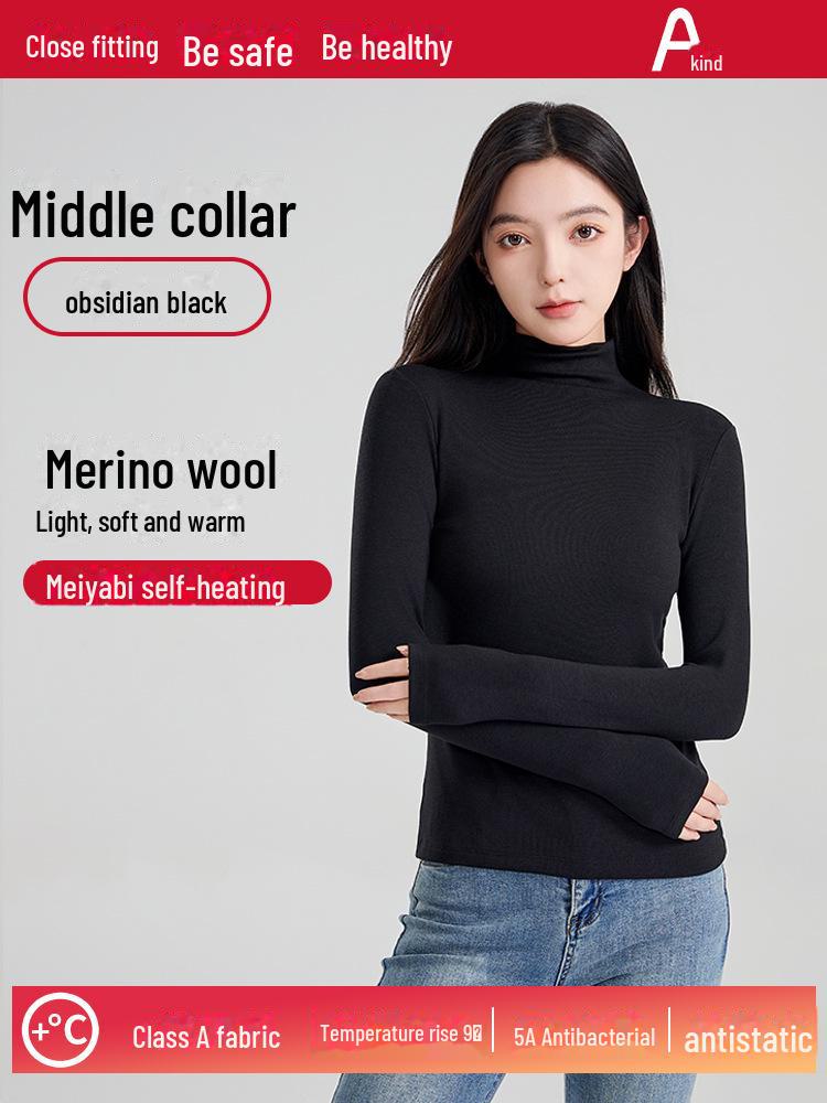 Wool Mid-Neck Slim Fit Women's Long-Sleeve Top, Versatile Autumn/Winter Layering, Warm & Cozy