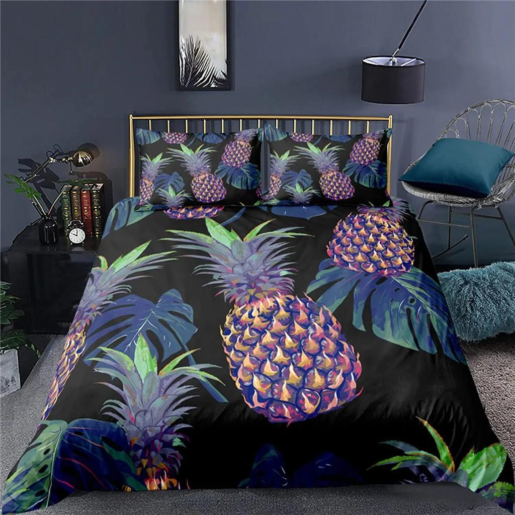 Pineapple Duvet Cover Set Yellow Fruit Pattern King Queen Size For Kids Boys Girls Polyester Comforter Cover With Pillowcase
