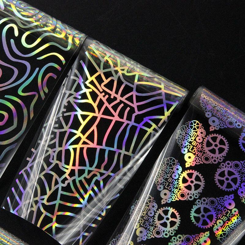 8 листов голографической фольги для ногтей в стиле панк с геометрическим рисунком для дизайна ногтей, переводные наклейки
