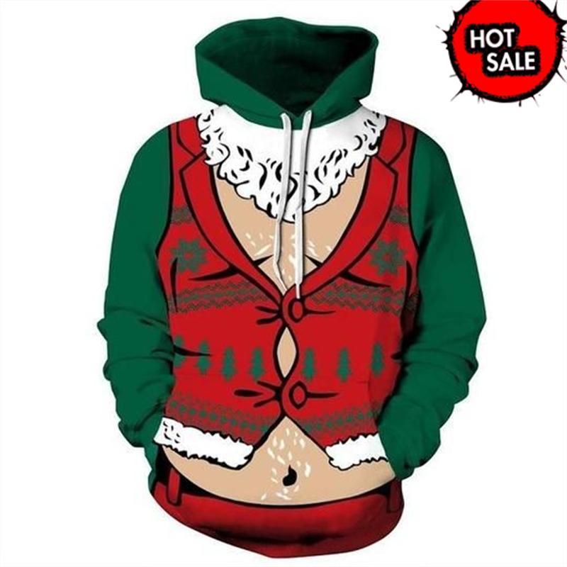 Holiday Vibe Series Print Hoodie, Multiple Snowflake and Santa Costume Graphics Full Graphic Loose Pullover, Great for Christmas Cosplay Outings