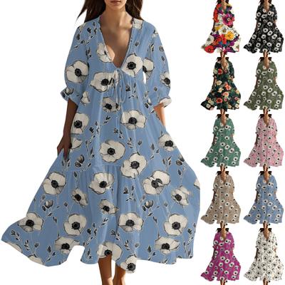 Женское летнее модное платье с V-образным вырезом, ретро цветочным принтом, короткими рукавами, пляжное платье с кружевной отделкой