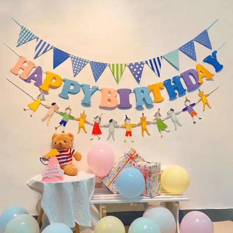 Happy Birthday Banner Set String Lights Hanging Flag Birthday Theme Party Decorations Boys Girls Baby Shower Decor Photo Props