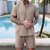 Men's Micro Wrinkle Style Henley Stand Collar Open Sleeve Sports Breathable Casual Men's Short Sleeve Shorts Set