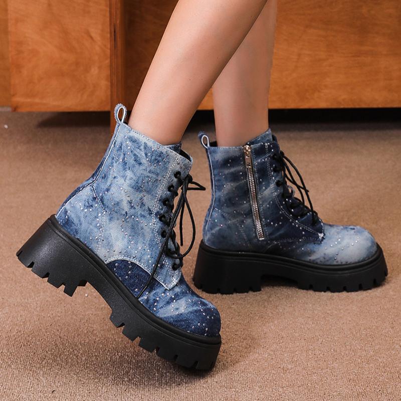 Мода Модные Платформа Джинсовые Ботильоны Женские Кристалл Толстый Каблук Короткие Сапоги Женские Толстые Ботинки Мотоциклетные Ботинки Нескользящие Женские