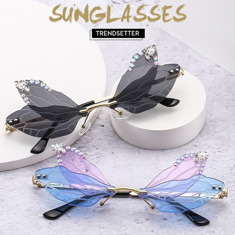 Модные безободковые очки неправильной формы, солнцезащитные очки с бриллиантами, солнцезащитные очки «Крыло стрекозы»