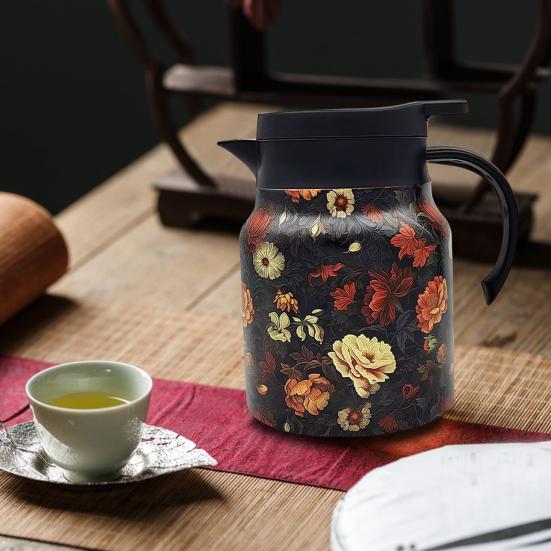 Винтажный заварочный чайник с цветочным узором и встроенным фильтром, V-образным носиком, заварочный чайник с напорной водой, 1000 мл, изолированный чайник из нержавеющей стали