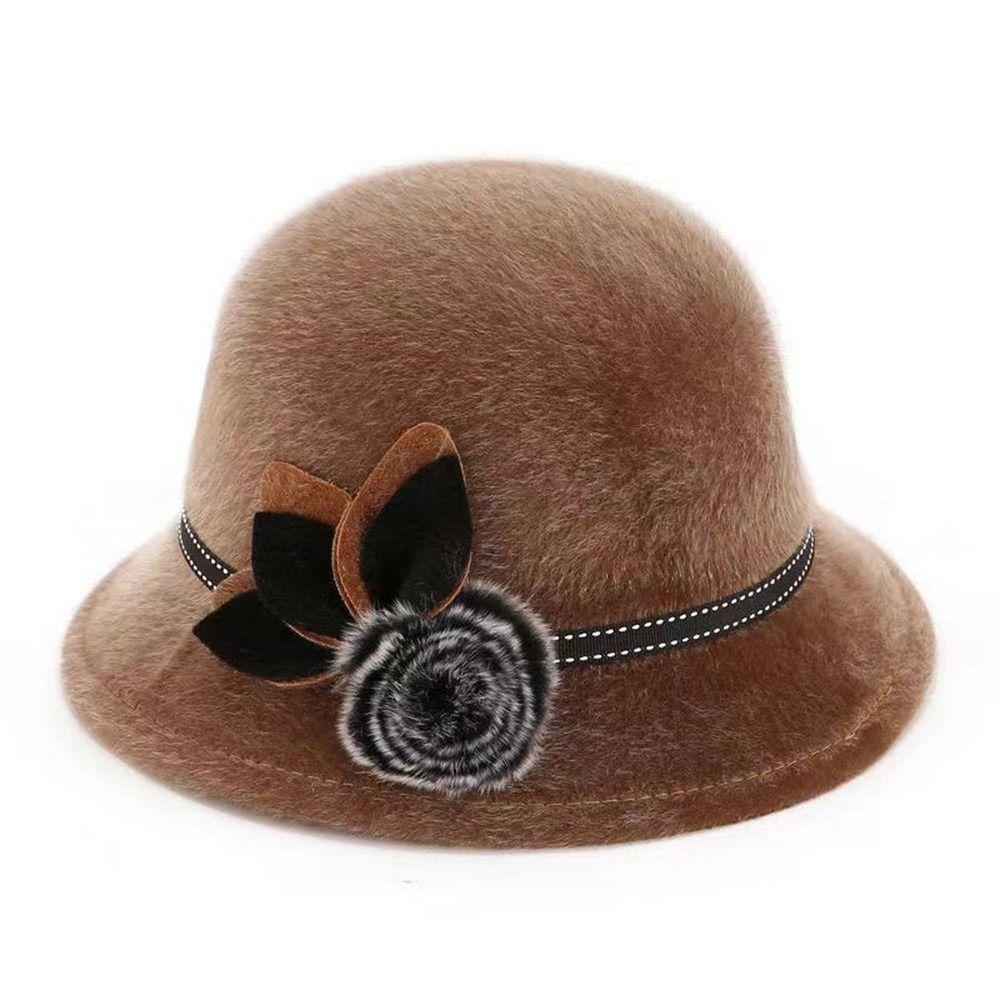 Ladies Bowler Hat Autumn Winter Wool Hats Fedoras Cap Dome Hat With Flower