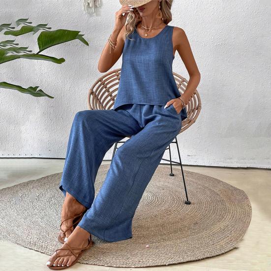 Женский комплект из двух предметов для отдыха, летний топ без рукавов с вырезом сзади и широкие брюки, повседневная одежда для отпуска и путешествий