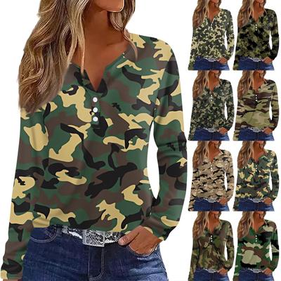 Жен. Футболка Футболка на пуговицах с длинным рукавом Повседневные Выходные Мода Классический Топ с v-образным вырезом Обычный