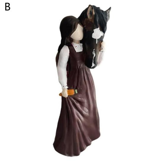 Girl Holding Horse Resin Statue Angle Pony Figurine Sculpture Home Office Living Room Desktop Decoration Ornament