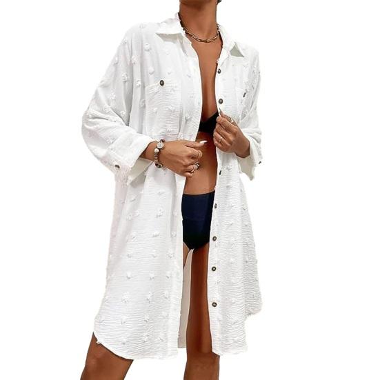 Women Beach Shirt Cover-up Solid Color Long Sleeve Lapel Loose Single-breasted Sun Protection Anti-UV Pockets Soft Lady Cardigan Top