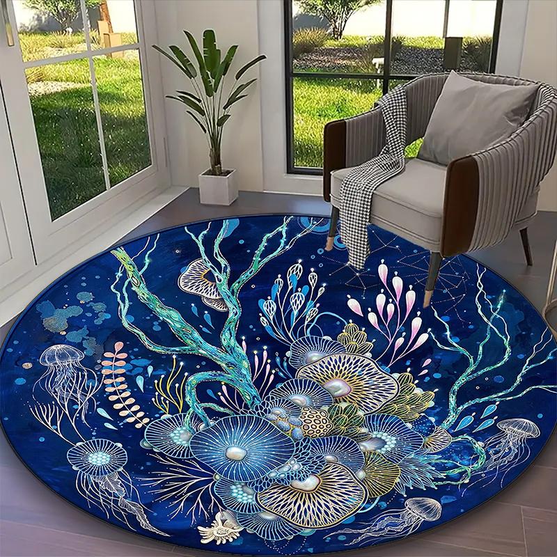 1pc General-purpose Rug, Deep Marine Mandala Printed Round Rug, Comfortable Office Chair Carpet, Home Entrance Floor Mat