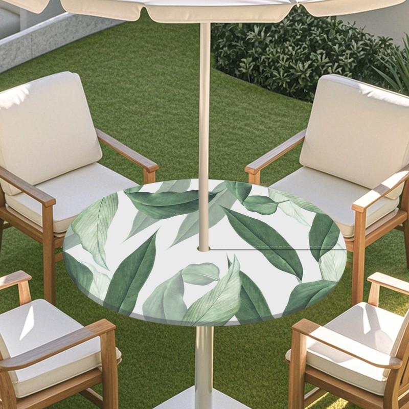 Outdoor Round Table Cover With Floral Leaf Print Waterproof Elastic Hem Patio Garden Dining