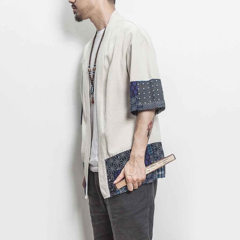 Мужской однотонный льняной кардиган с семью рукавами, топ в стиле ретро ханьфу из хлопка и льна