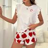 Women's Pajama Set Ruffle Cap Sleeve Top And Love Heart Printed Shorts Set Summer Casual 2 Piece Nightwear Lounge Set