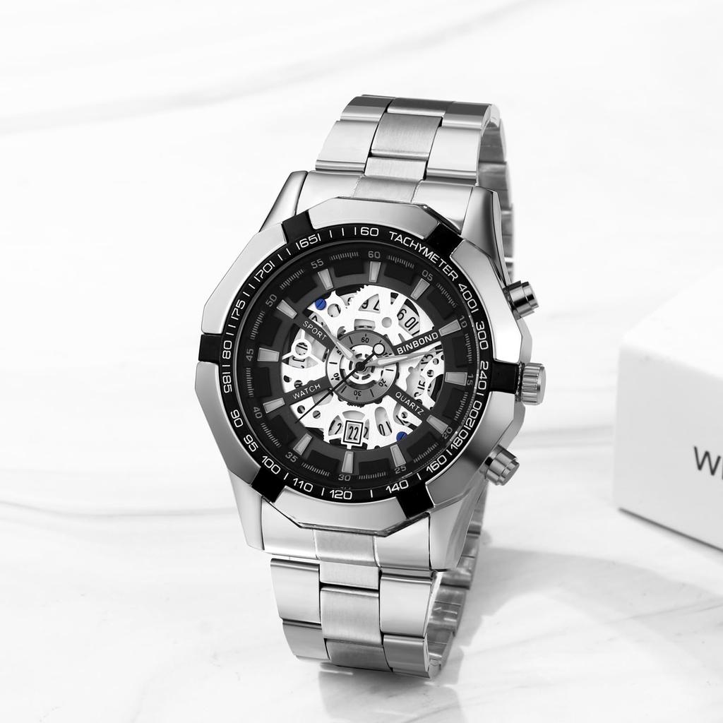 Silver Watch with 3ATM Water Luminous Analog Stainless Stylish Quartz Fashion Accessory Perfect for or As a Boyfriend Gift Men's Calendar, Resistance,