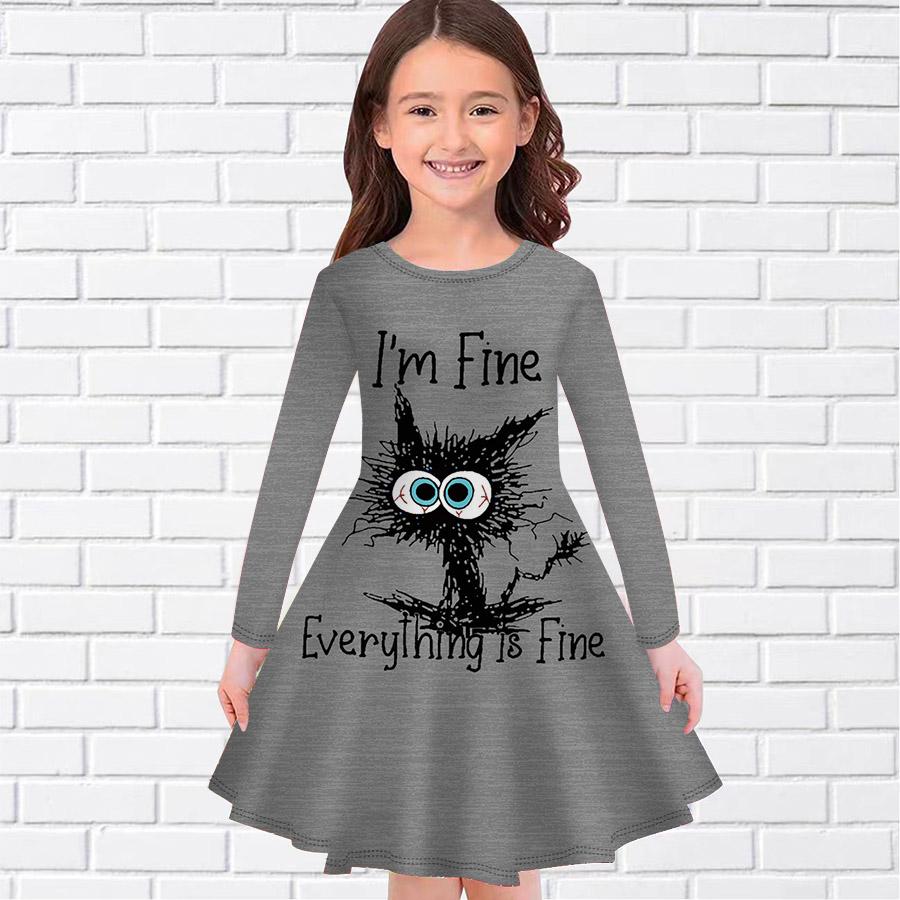 Повседневное платье для девочек с принтом «Глупый кот» и круглым вырезом, длинными рукавами, детское платье принцессы