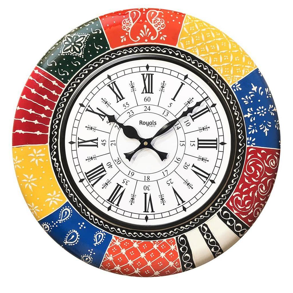 Деревянные антикварные аналоговые настенные часы с цветочным дизайном и росписью для дома, офиса, школы, спортзала, магазина и подарков || Размер часов — 40 см х 40 см [16 х 16 дюймов]