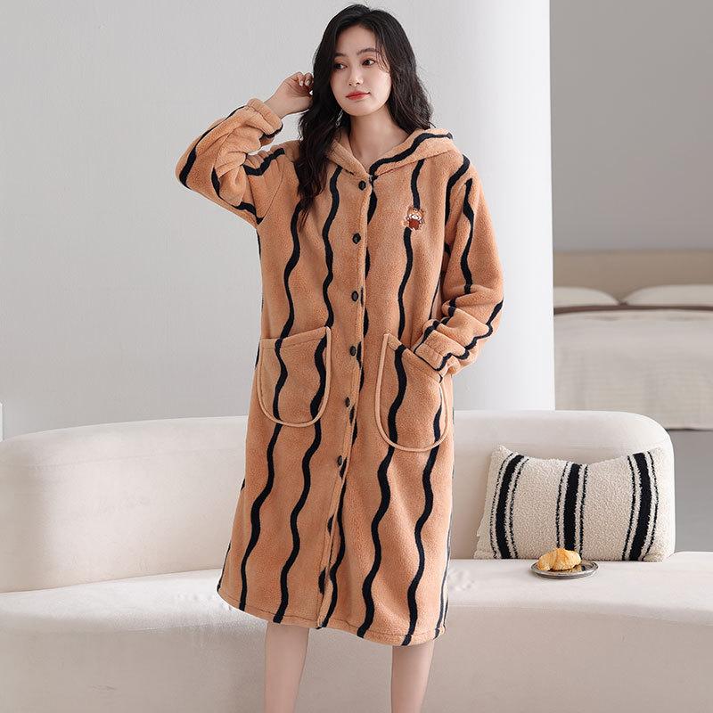 Женская ночная сорочка из кораллового флиса, осенне-зимняя пижама, флисовый утолщенный теплый кардиган из кораллового флиса, халат с капюшоном