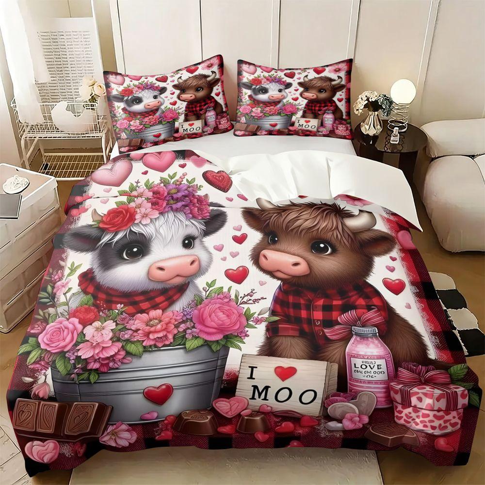 2/3Pcs Cute Cow Love Duvet Cover Set(1 Duvet Cover & 1/2 Pillowcase) Soft Bedding Set Romantic Valentine Gift Bedroom Decor