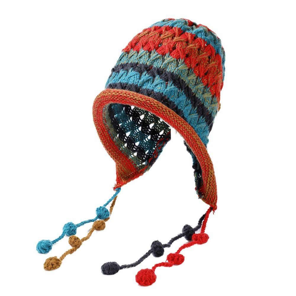Красочная шапка-бини с кисточкой и защитой ушей, милая вязаная шапка